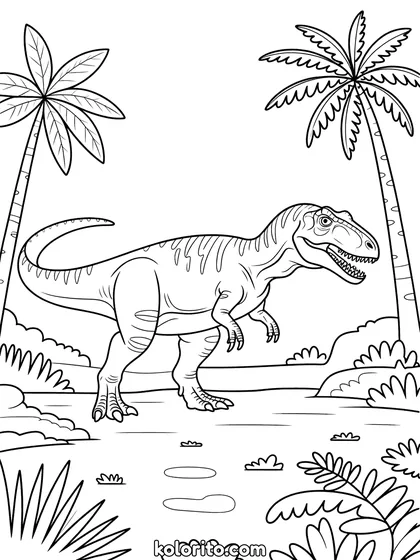 Allosaurus kleurplaat: een Allosaurus sluipt door de schaduw tussen planten