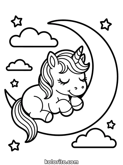 Baby unicorn op de maan kleurplaat: baby unicorn slaapt op een halve maan, tussen de sterren