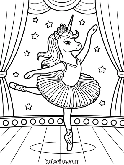 Ballet unicorn kleurplaat: ballet unicorn danst in een tutu op het podium
