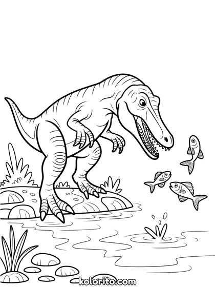 Baryonyx kleurplaat: een Baryonyx grijpt een vis uit het water met zijn klauwen