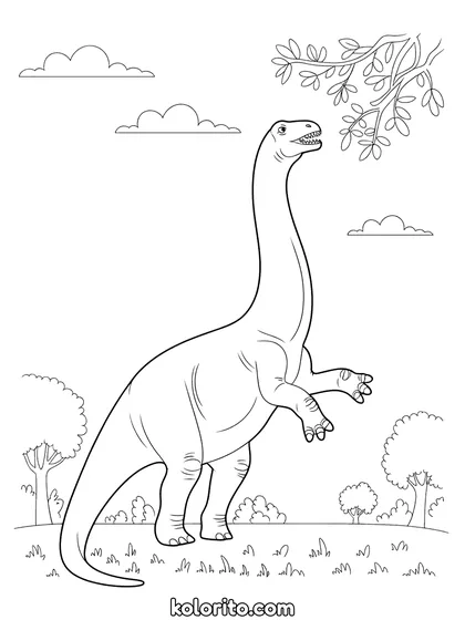 Brachiosaurus kleurplaat: een Brachiosaurus rekt zijn lange nek naar de top van een boom