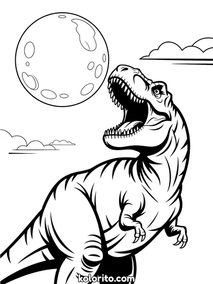 Brullende dinosaurus kleurplaat: een dinosaurus brult naar de volle maan