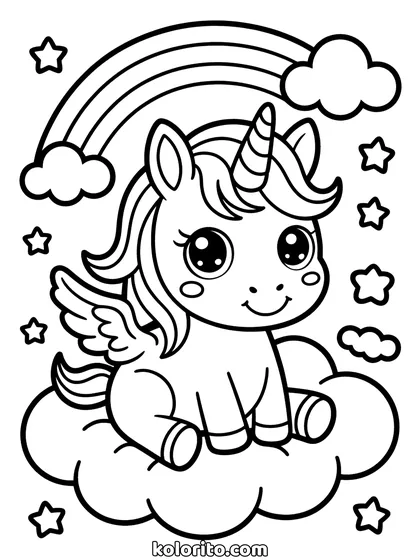 Chibi unicorn op een wolk kleurplaat: chibi unicorn zit op een dikke wolk