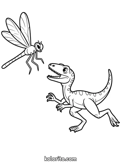 Compsognathus kleurplaat: een kleine Compsognathus jaagt op een libel