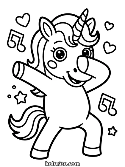 Dansende unicorn kleurplaat: unicorn danst vrolijk rond