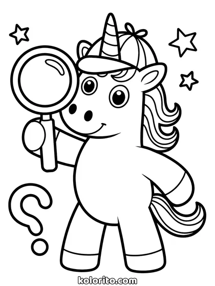 Detective unicorn kleurplaat: unicorn als detective met een vergrootglas