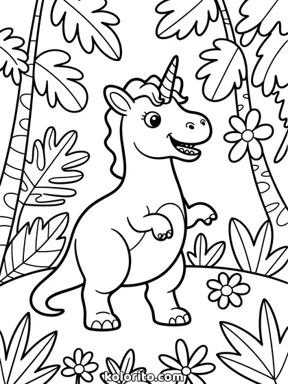 Dino unicorn kleurplaat: dino unicorn brult in een tropisch bos