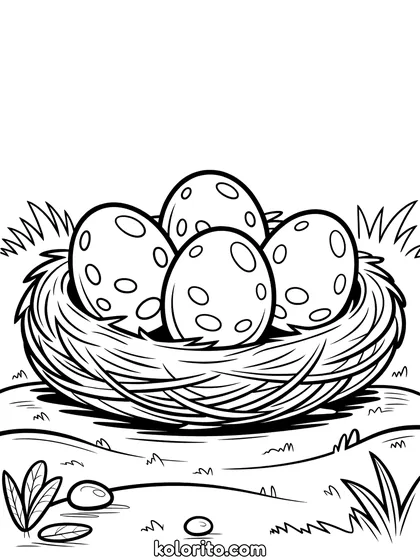 Dinosaurus eieren kleurplaat: een nest vol dinosaurus eieren tussen takken en bladeren