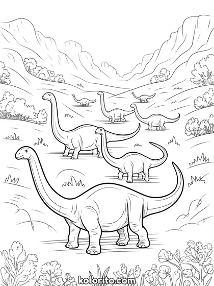 Diplodocus kleurplaat: een kudde Diplodocussen trekt door een brede vallei