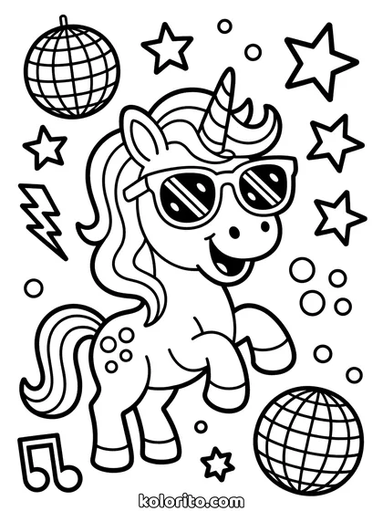 Disco unicorn kleurplaat: unicorn danst onder een discobal