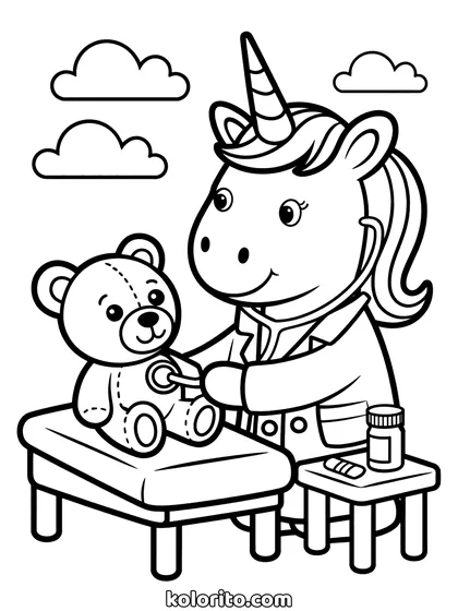 Unicorn als dokter kleurplaat: unicorn als dokter verzorgt een teddybeer