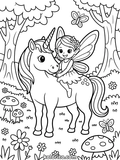 Fee op een unicorn kleurplaat: kleine fee rijdt op een unicorn door het bos