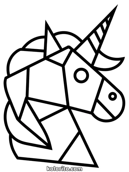 Geometrische unicorn kleurplaat: unicorn hoofd opgebouwd uit rechte vlakken