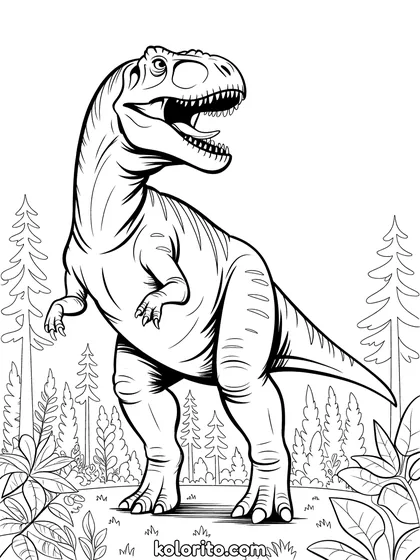 Giganotosaurus kleurplaat: een enorme Giganotosaurus torent boven een bos uit