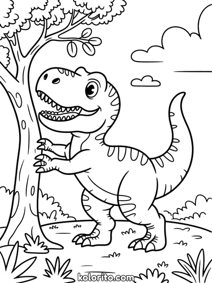 Grappige dinosaurus kleurplaat: een T-rex probeert met zijn korte armpjes bij een tak te komen
