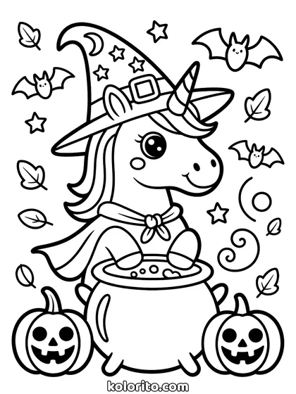 Halloween unicorn kleurplaat: unicorn met een heksenhoed voor halloween