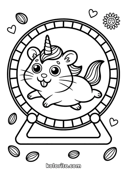 Hamster unicorn kleurplaat: hamster unicorn rent in een looprad