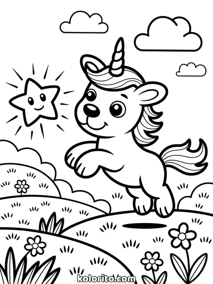 Hond unicorn kleurplaat: hond unicorn springt naar een ster