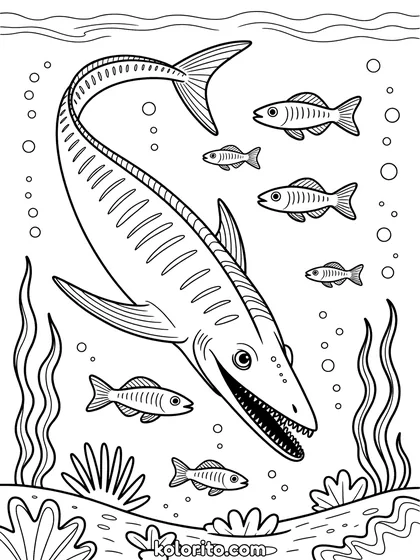Ichthyosaurus kleurplaat: een Ichthyosaurus jaagt onder water op vissen