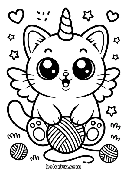 Kawaii unicorn kleurplaat: kawaii kat unicorn verstrikt in een bol wol