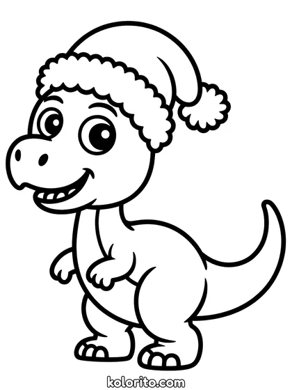 Kerst dinosaurus kleurplaat: een vrolijke dinosaurus met een kerstmuts op