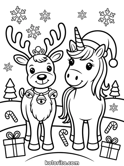 Kerst unicorn kleurplaat: kerst unicorn naast een rendier van de kerstman