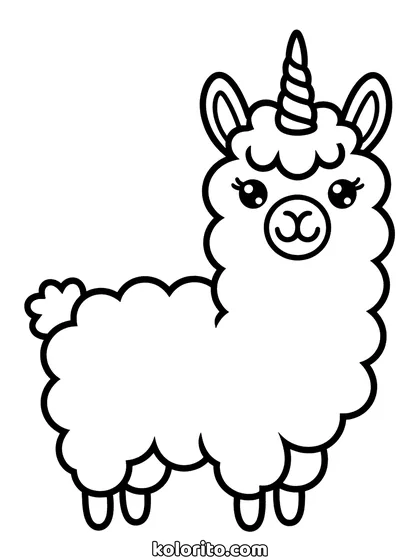 Lama unicorn kleurplaat: lama unicorn met wollige vacht en een hoorn