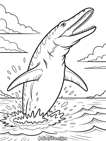 Mosasaurus kleurplaat: een Mosasaurus springt uit de oceaan omhoog