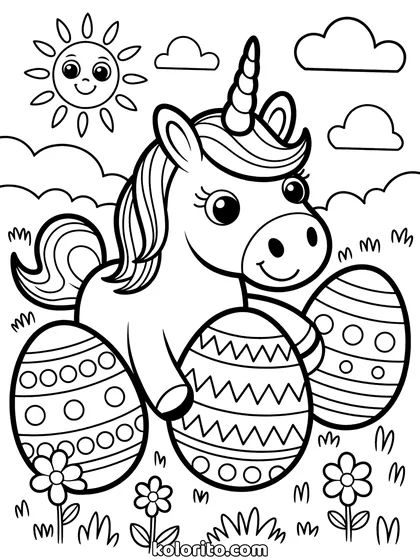 Paas unicorn kleurplaat: paas unicorn tussen grote beschilderde eieren