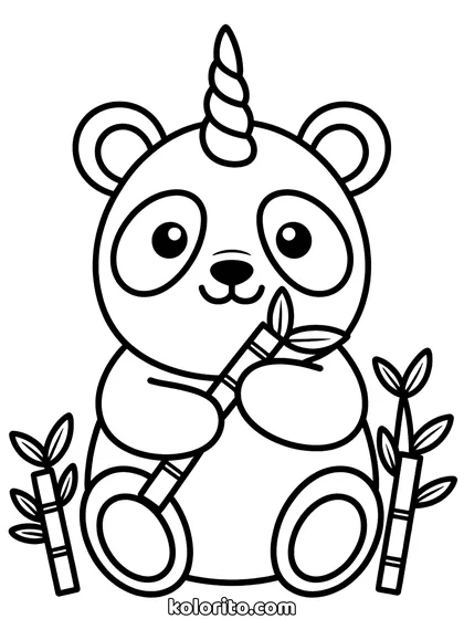 Panda unicorn kleurplaat: panda unicorn speelt met bamboe