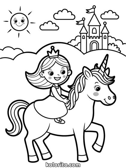 Prinses op een unicorn kleurplaat: prinses rijdt op een unicorn naar een kasteel