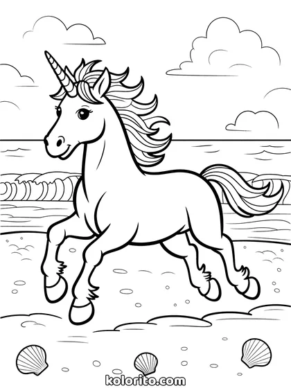 Realistische unicorn kleurplaat: realistisch getekend unicorn rent langs de zee