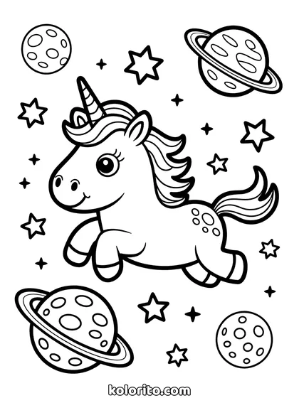 Unicorn in de ruimte kleurplaat: unicorn zweeft tussen de sterren in de ruimte