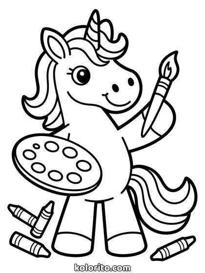 Schilderende unicorn kleurplaat: unicorn met penselen en een palet