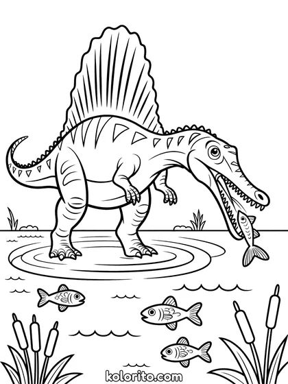 Spinosaurus kleurplaat: een Spinosaurus vangt vissen in een rivier, met het zeil op zijn rug