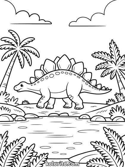 Stegosaurus kleurplaat: een Stegosaurus wandelt langs een prehistorische rivier tussen palmbomen en varens