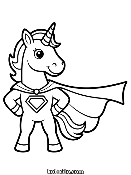 Superheld unicorn kleurplaat: unicorn als superheld, met een cape om