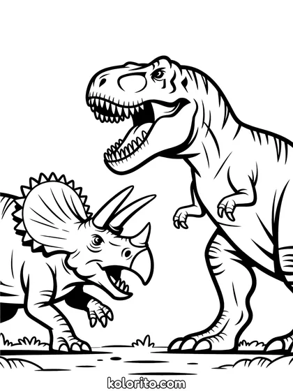 T-rex vs Triceratops kleurplaat: een Tyrannosaurus rex en een Triceratops staan tegenover elkaar