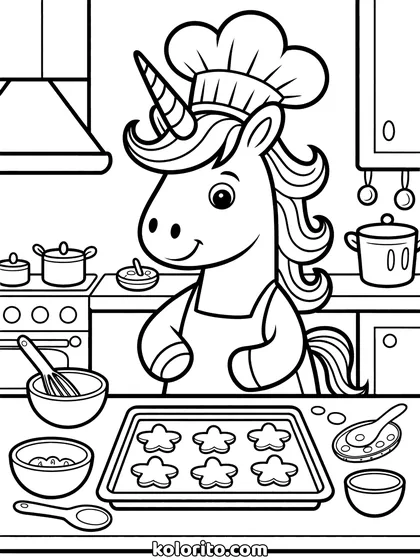 Unicorn bakt koekjes kleurplaat: unicorn bakt koekjes bij de oven