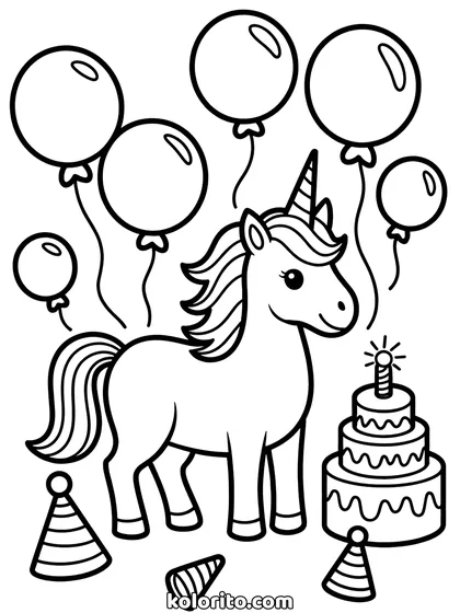 Unicorn met ballonnen kleurplaat: unicorn zweeft mee met een tros ballonnen