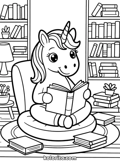 Unicorn in de bibliotheek kleurplaat: unicorn leest in een stille bibliotheek