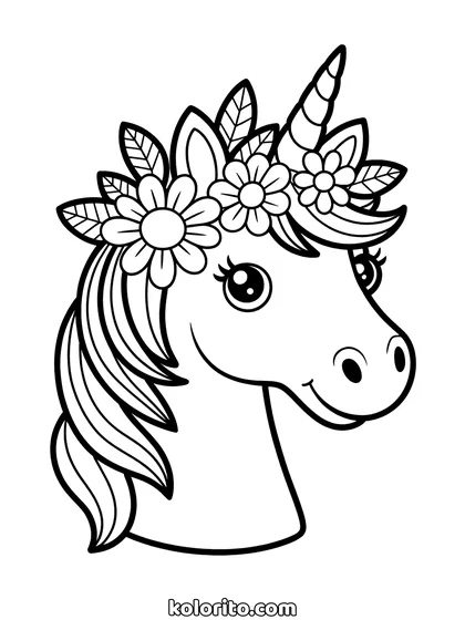 Unicorn met bloemenkrans kleurplaat: unicorn met een bloemenkrans op zijn kop