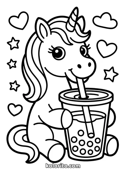 Unicorn met bubbeltee kleurplaat: unicorn drinkt bubbeltee met een rietje
