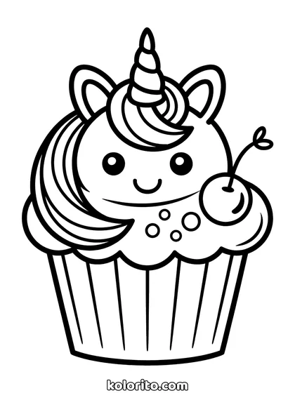 Unicorn cupcake kleurplaat: cupcake versierd als een unicorn
