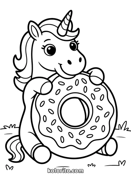Unicorn met donut kleurplaat: unicorn met een enorme donut