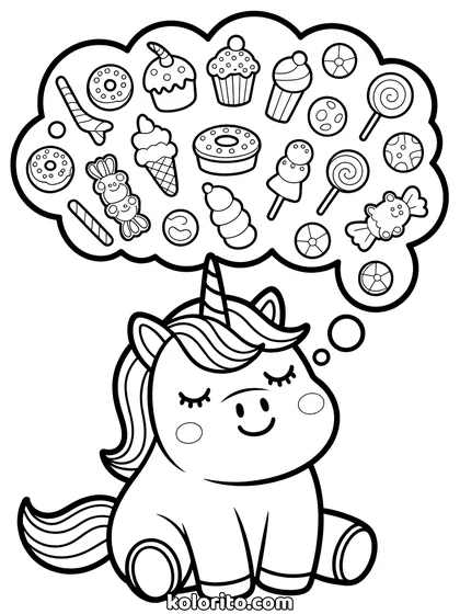 Unicorn droomt van snoep kleurplaat: unicorn slaapt en droomt van snoep