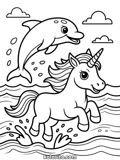 Unicorn en dolfijn kleurplaat: unicorn zwemt om het hardst met een dolfijn