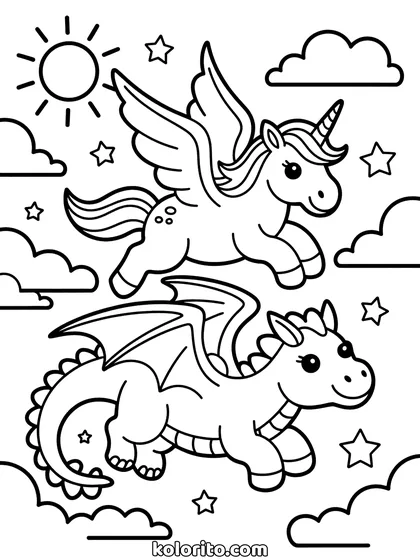 Unicorn en draak kleurplaat: unicorn vliegt samen met een draak