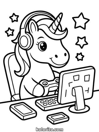 Gamende unicorn kleurplaat: unicorn speelt een videospel met een controller