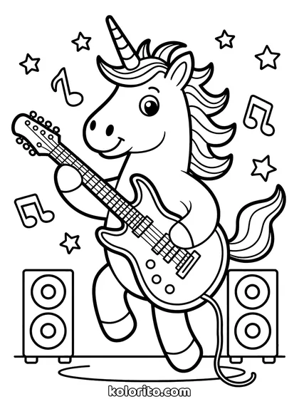 Unicorn met gitaar kleurplaat: unicorn speelt elektrische gitaar